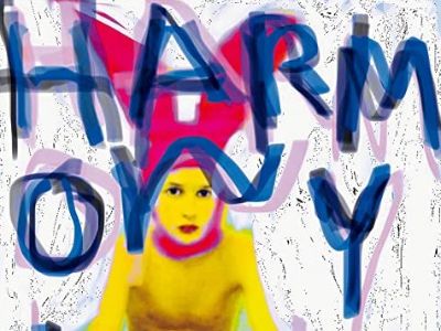 The picture has a human in a yellow colored body with Harmony written in blue.